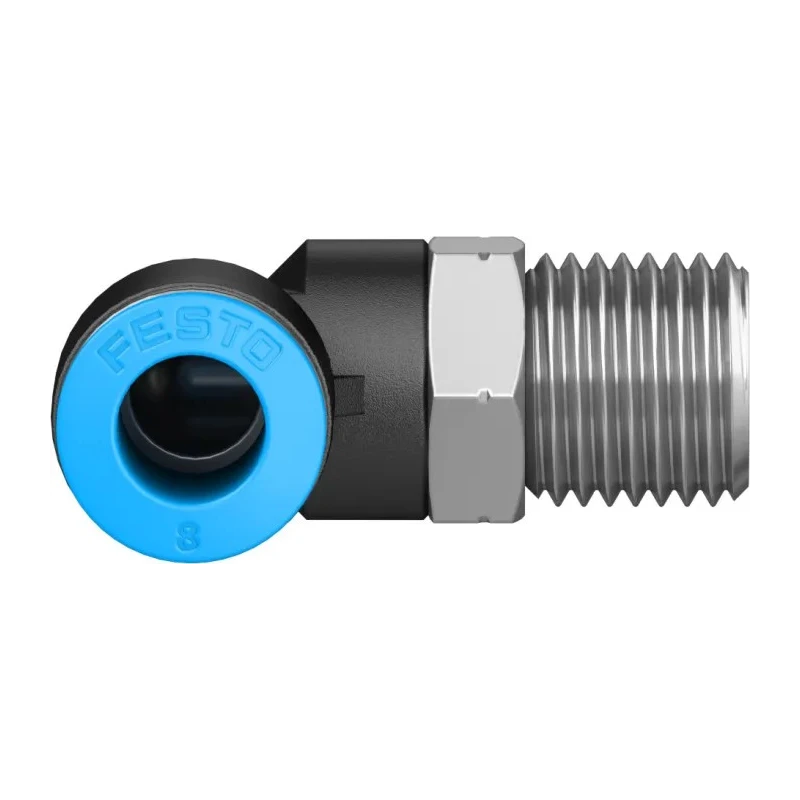 Festo Polybutylene Terephthalate Pneumatic Elbow Fitting, Male R 1/4 in, 8mm Push-In, Nickel Finish QSL-1/4-8