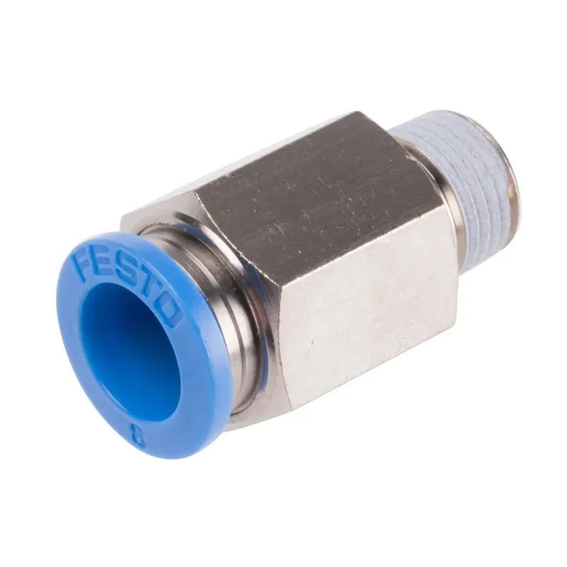 Festo QS Series Straight Pneumatic Fitting, Male R 1/8 Push-in 8mm Brass, Nickel Finish QS-1/8-8