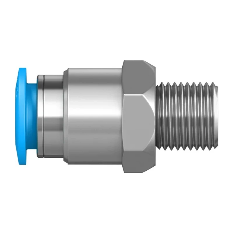 Festo QS Series Straight Pneumatic Fitting, Male R 1/8 Push-in 8mm Brass, Nickel Finish QS-1/8-8