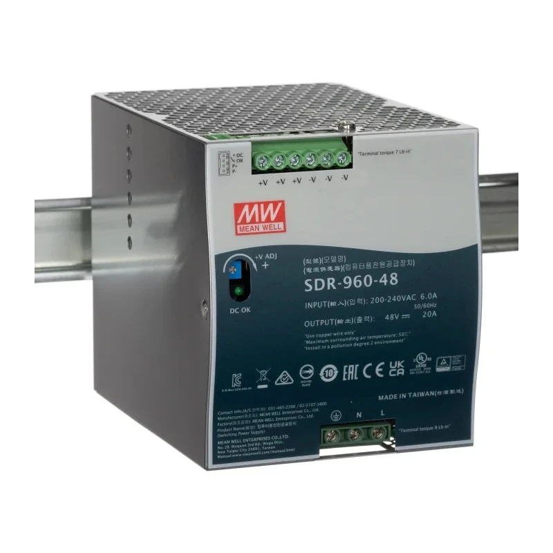 Mean Well SDR-960-48 Switched Mode DIN Rail Power Supply, 960 W, 48 V DC, 20 A, Single Output