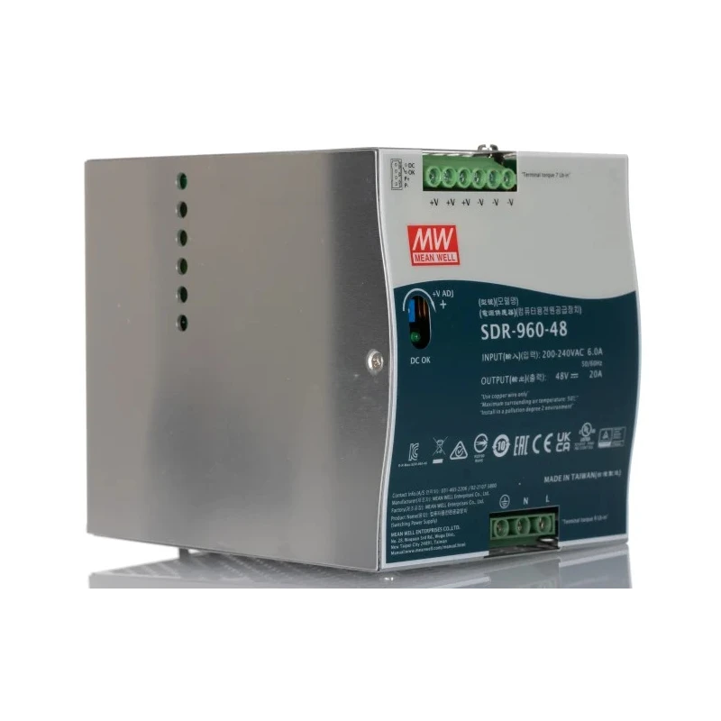Mean Well SDR-960-48 Switched Mode DIN Rail Power Supply, 960 W, 48 V DC, 20 A, Single Output