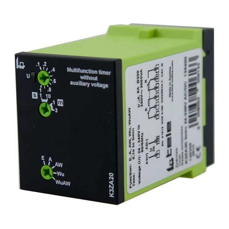 Tele Timer Relay DPDT 24 to 240V AC/DC, Multifunction, 2 Contacts, 1 s to 3 min K3ZA20