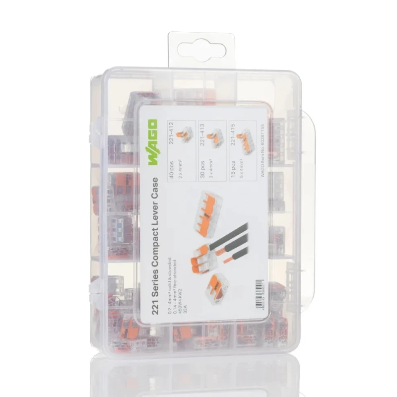 WAGO 221 Series Lever Connector Set, 12AWG to 24AWG, 32A, 450V, 85-Piece, Cage Clamp, Plastic, Clear, 887-1046