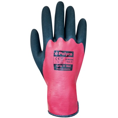 Polyco Healthline Grip It Wet Red & Black Nylon Latex Work Gloves, Size 8, Latex Foam Coating GIW/08