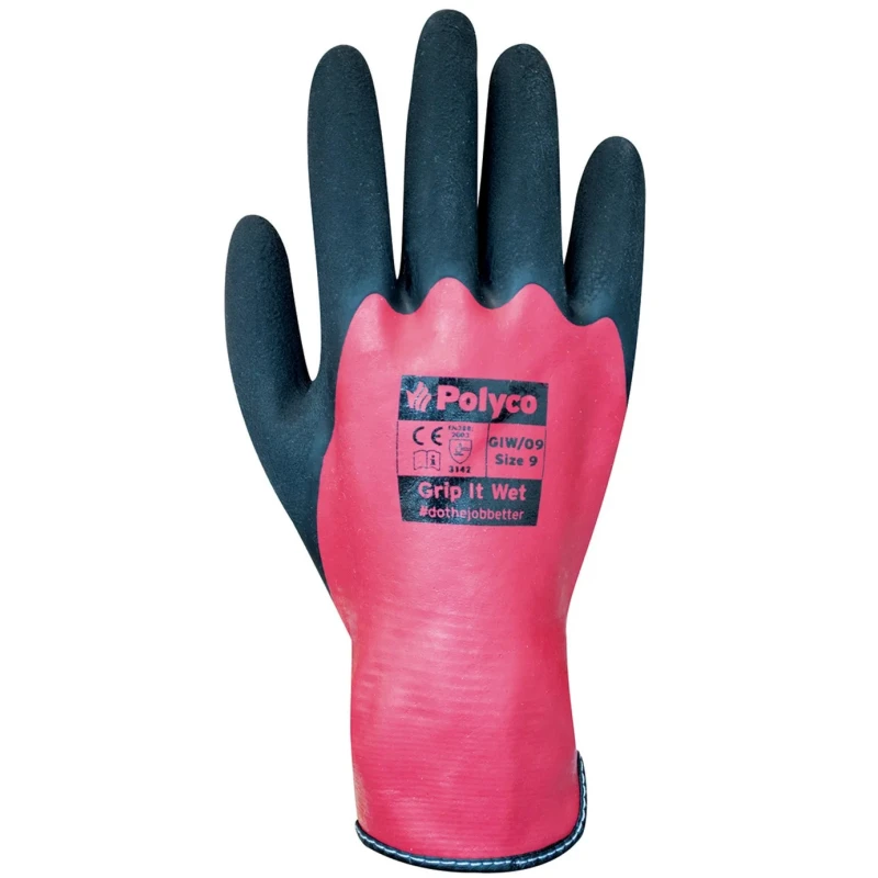 Polyco Healthline Grip It Wet Red & Black Nylon Latex Work Gloves, Size 8, Latex Foam Coating GIW/08