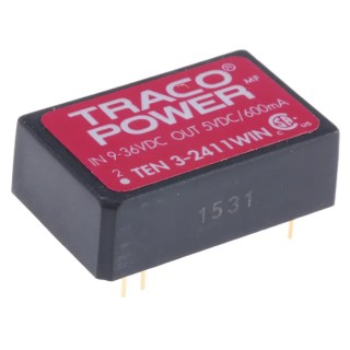 TRACOPOWER DC/DC Converter TEN 3-2411WIN, 5V DC Output, 500 mA, 18–36V DC Input, 3W, PCB Mount, Isolation 1.5kV