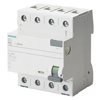 Siemens 5SV3 Series Residual Current Circuit Breaker 63A 4-Pole 30mA Type A 0.8kA 400V AC DIN Rail 5SV3346-6KL