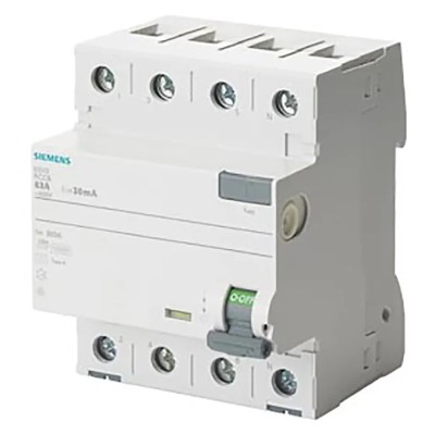Siemens 5SV3 Series Residual Current Circuit Breaker 63A 4-Pole 30mA Type A 0.8kA 400V AC DIN Rail 5SV3346-6KL