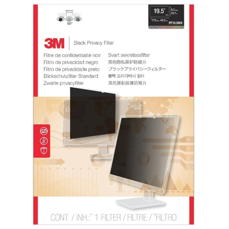 3M Touch Screen Compatible Privacy Screen, 508 mm, Black, Limited Viewing Angle PF19.5W9