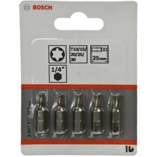 Bosch Extra Hard Torx Screwdriver Bit Set, 25 mm Length, 1/4in Hex Drive, 5-Piece 2607001768