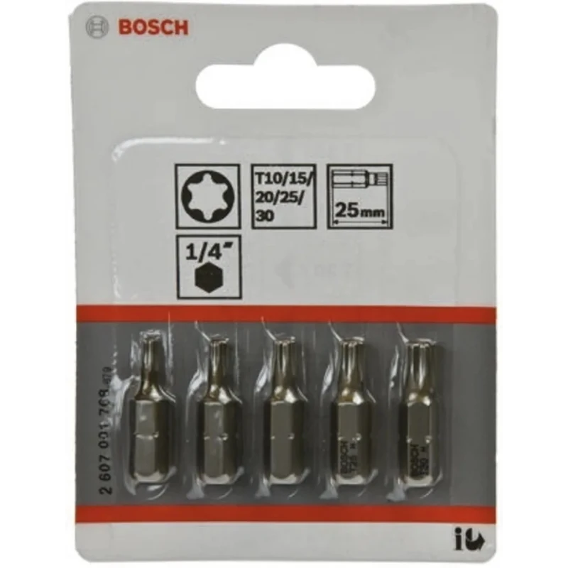 Bosch Extra Hard Torx Screwdriver Bit Set, 25 mm Length, 1/4in Hex Drive, 5-Piece 2607001768