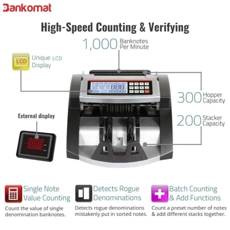 Bankomat Currency Note Counting Machine, 1000 Notes/min, UV/MG/IR/MT Detection, LCD Display, BMT2030