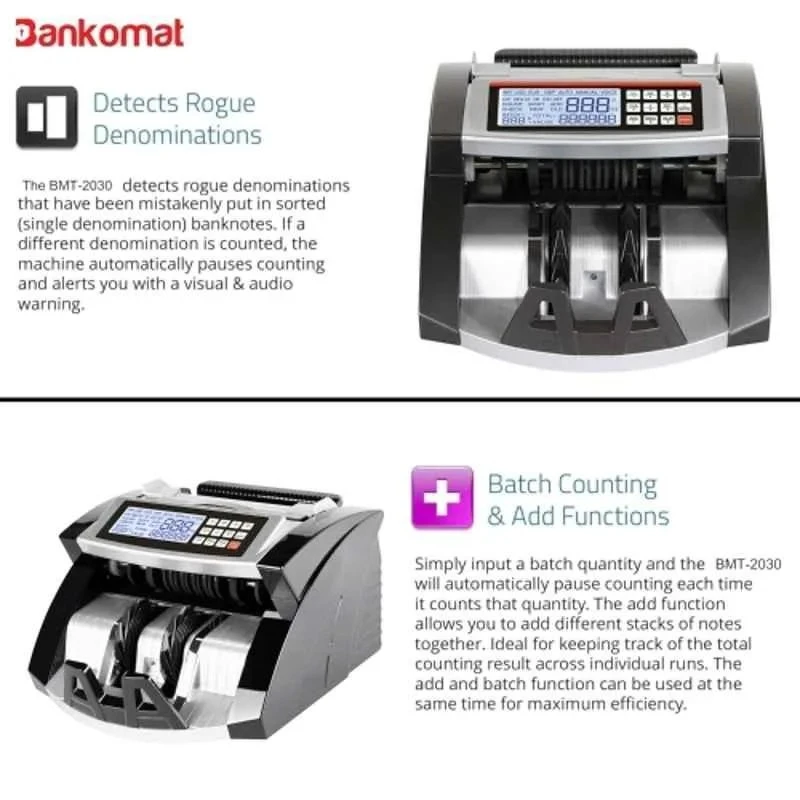 Bankomat Currency Note Counting Machine, 1000 Notes/min, UV/MG/IR/MT Detection, LCD Display, BMT2030