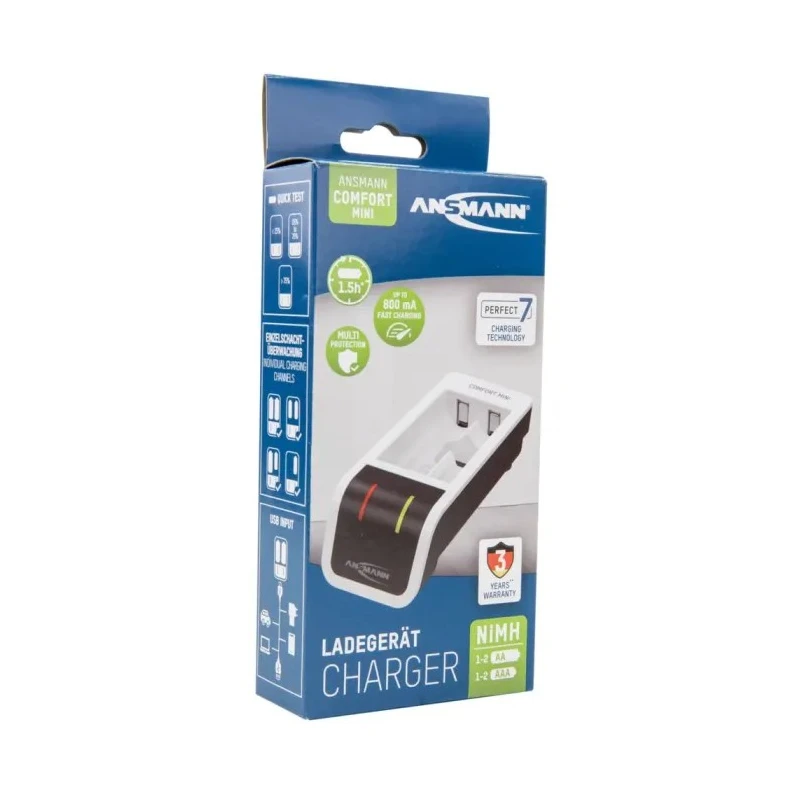 Ansmann Comfort Mini Battery Charger 1001-0091, For AA & AAA, 1.2V NiMH Batteries, 800mA USB Input