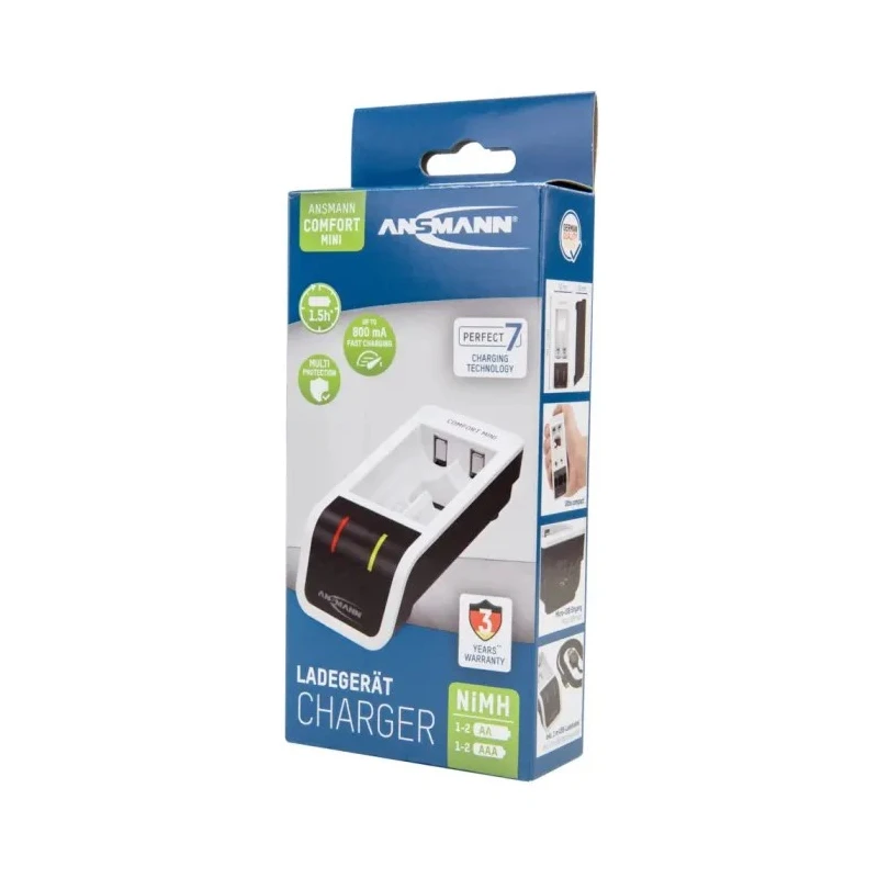 Ansmann Comfort Mini Battery Charger 1001-0091, For AA & AAA, 1.2V NiMH Batteries, 800mA USB Input