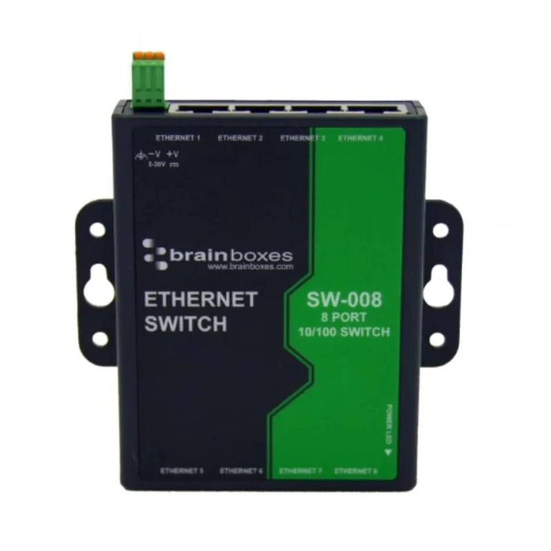 Brainboxes Unmanaged 8 Port Ethernet Switch, 100Mbps, Wall Mount, 5–30VDC, SW-008