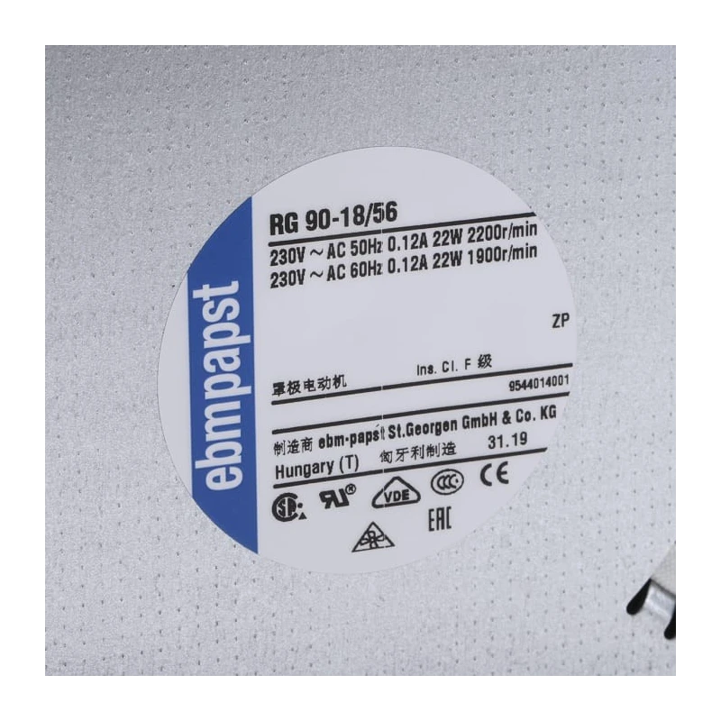 ebm-papst RG90-18/56 Centrifugal Fan, 230V AC, 54 m³/h Air Flow, Ball Bearing, Wire Terminal, 2200rpm, 135mm x 135mm x 38mm