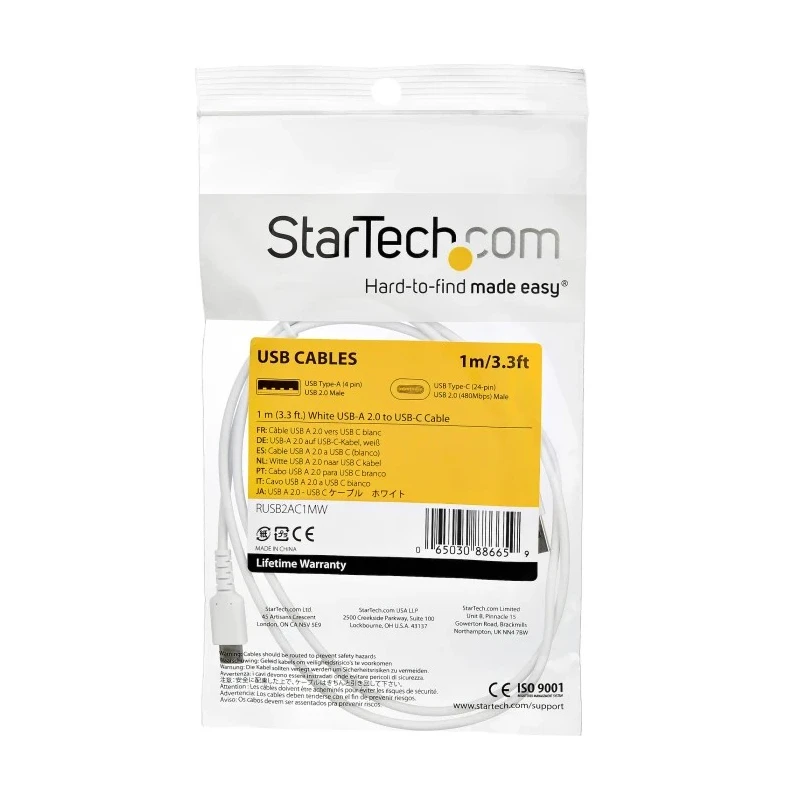 StarTech.com USB 2.0 Male Type A to Male Type C Cable, 1m, White, Thermoplastic Elastomer Jacket RUSB2AC1MW