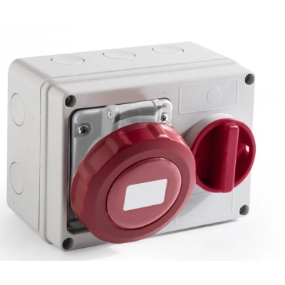 RS PRO Wall Mount Industrial Power Connector 3P+T, 16A, 400V, IP67 Red, Fibreglass Reinforced Polyester, Screw Terminal IP67