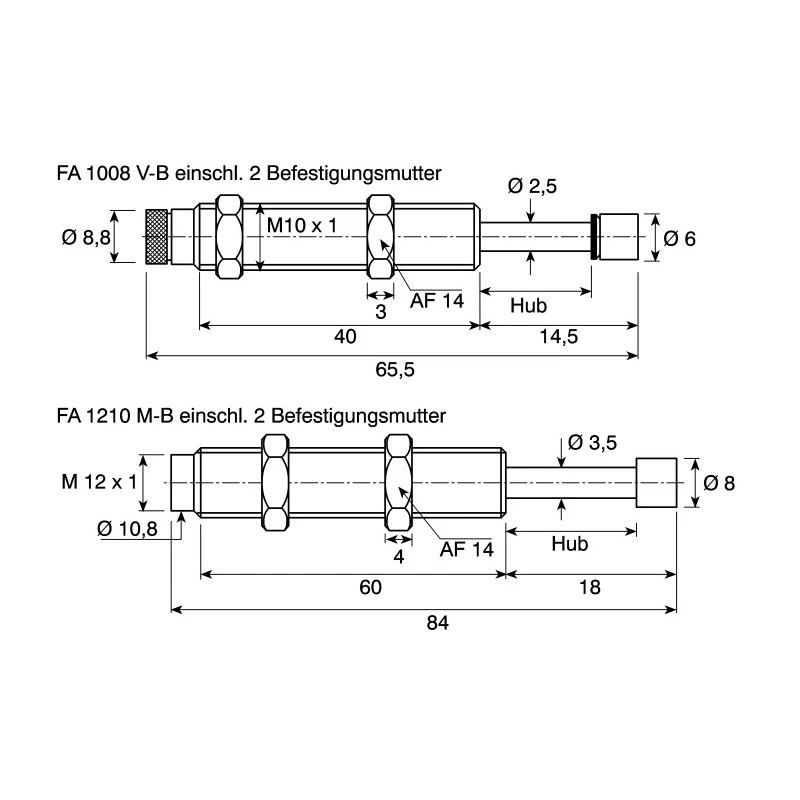 ACE Shock Absorber Miniature Type FA1008VB 51 mm Body Length, 65.5 mm Overall Length, Max Energy Capacity 3600 Nm/hr FA1008VB