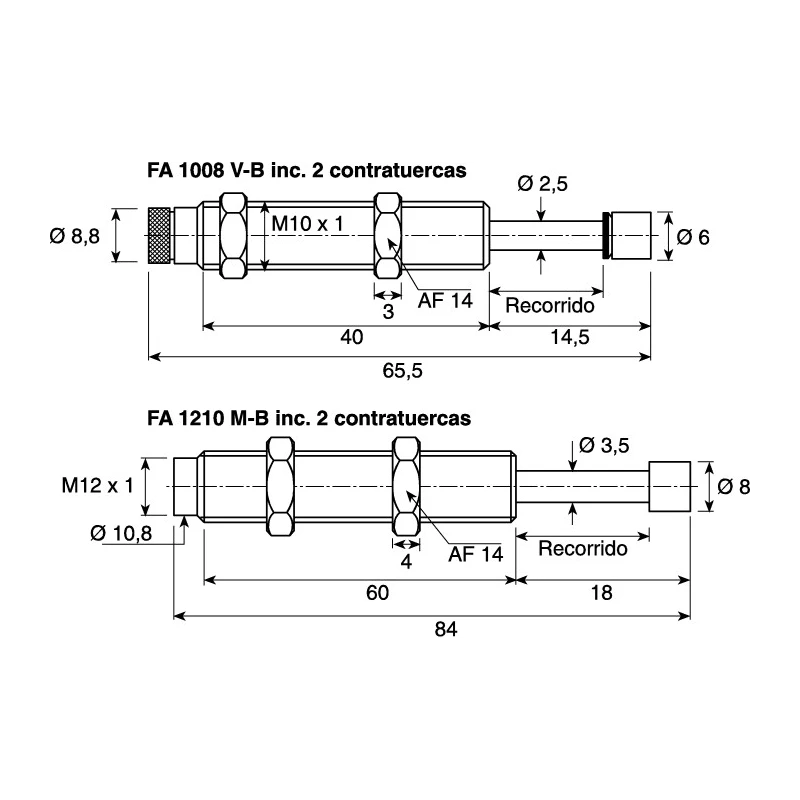 ACE Shock Absorber Miniature Type FA1008VB 51 mm Body Length, 65.5 mm Overall Length, Max Energy Capacity 3600 Nm/hr FA1008VB