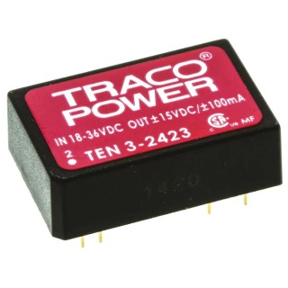 TRACOPOWER DC/DC Converter 15V/-15V, 100mA Dual Output, 3W, PCB Mount, 18–36V DC Input, TEN 3-2423