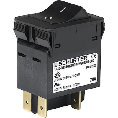 Schurter TA36 Rocker Circuit Breaker, 16A, 1-Pole, Flange Mount, Thermal Type S, 277V AC, 