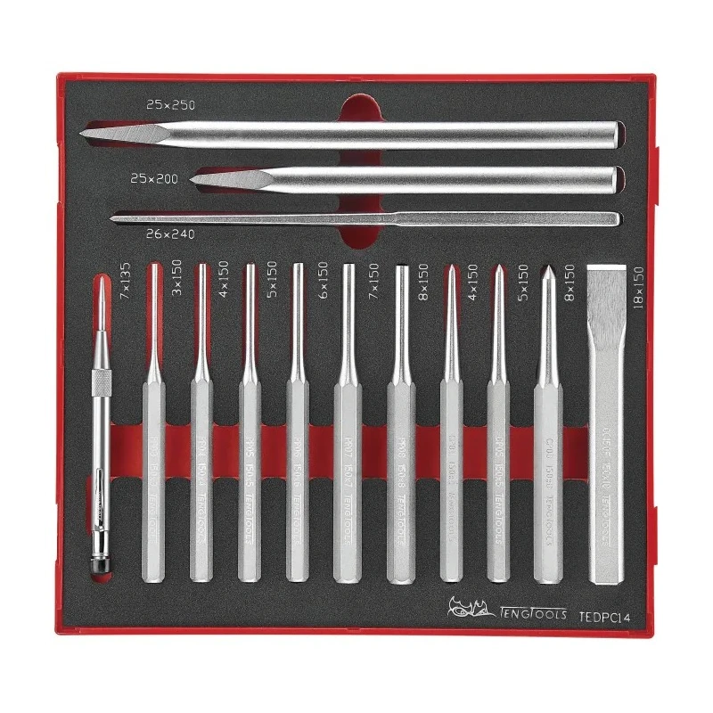 Teng Tools 14-Piece Punch and Chisel Set High Carbon Steel 265mm Overall TEDPC14