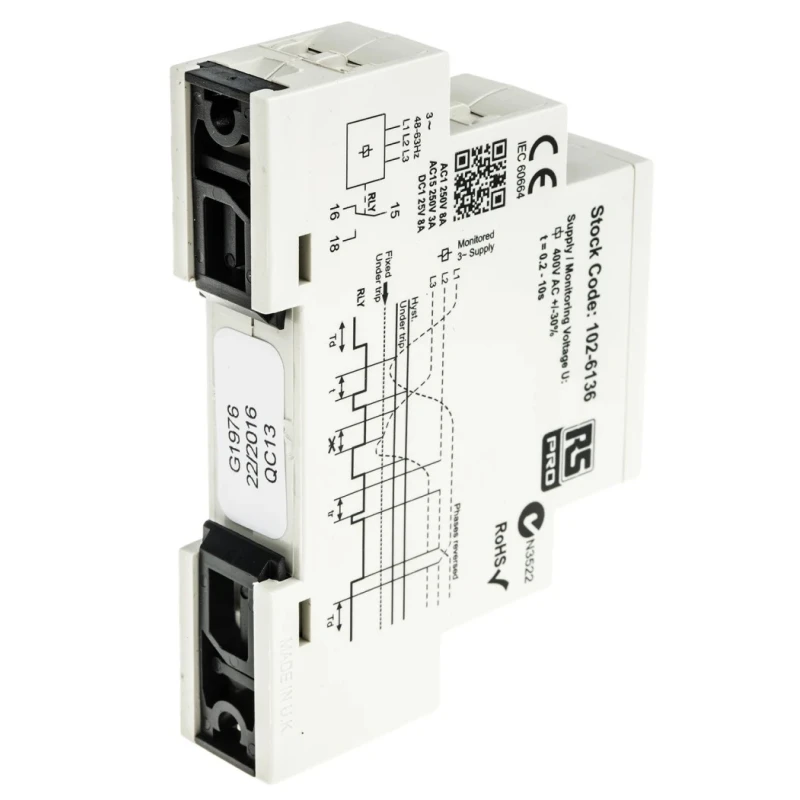RS PRO Monitoring Relay 3 Phase 280/520 V AC Monitor Range SPDT DIN Rail 8A 102-6136