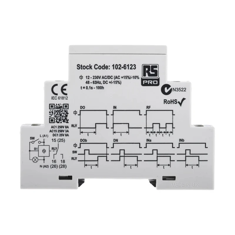Broyce Control LMMT Series DIN Rail Timer Relay, 2-Contact, DPDT, Multifunction, 230V DC/230V AC/24V AC, 0.1 s to 102-6123