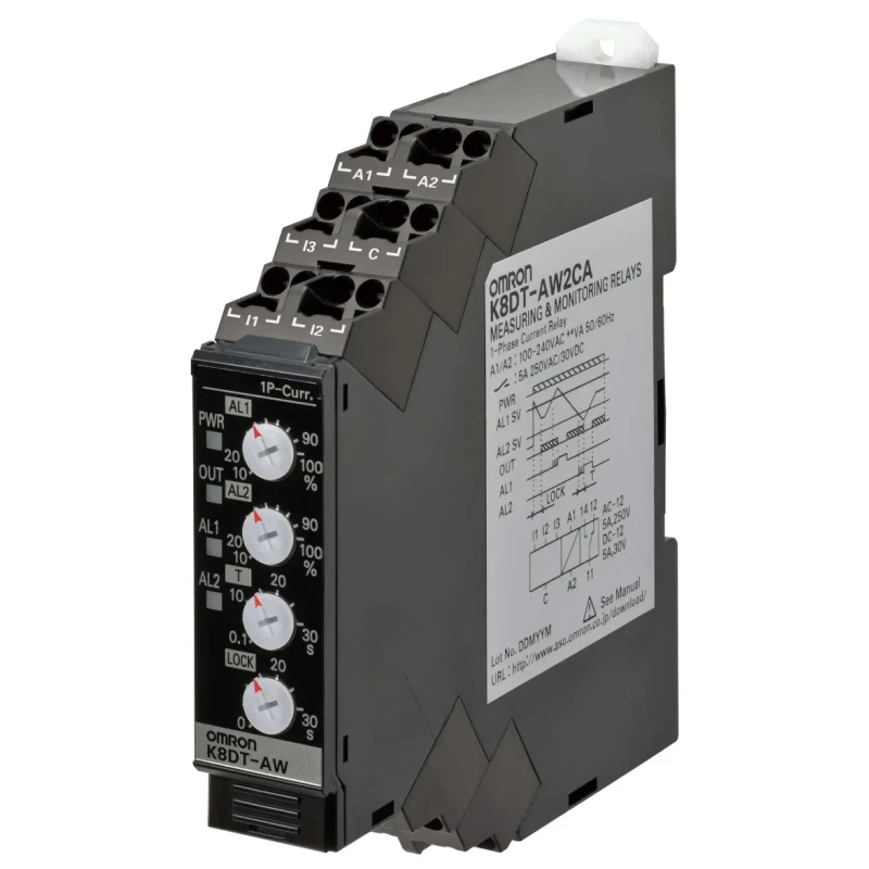 Omron Single Phase Monitoring Relay, SPDT, DIN Rail, 0.1A–5A, 250 ms Delay, IP20 K8DT-AW2CD