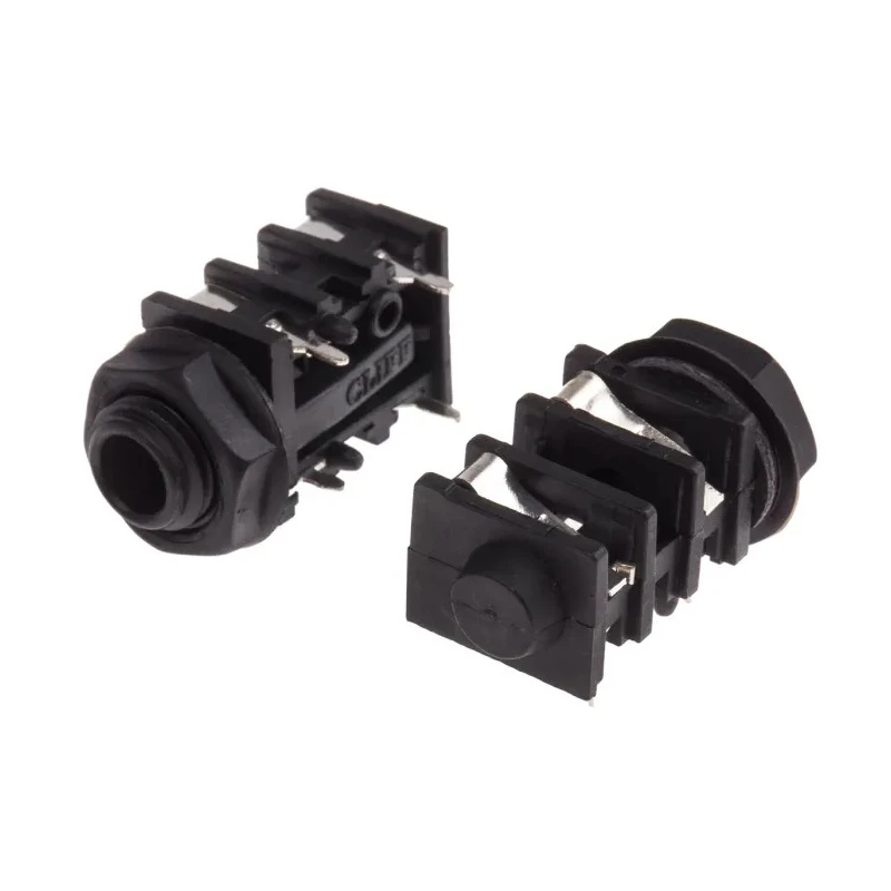 RS PRO PCB Female Jack Connector 6.35 mm, 2 Mono, Solder, Right Angle, Silver-Plated Brass Contacts, Black FCR 111-5768