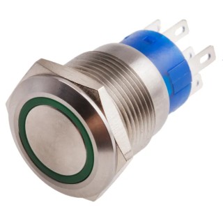 RS PRO Illuminated Push Button Switch Momentary Panel Mount DPDT 19.2 mm Cutout Green LED IP67 12V DC 250V AC 111-5781