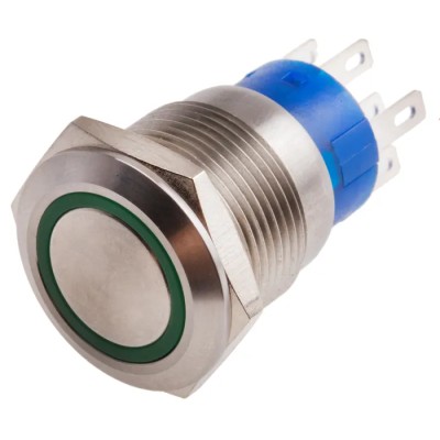 RS PRO Illuminated Push Button Switch Momentary Panel Mount DPDT 19.2 mm Cutout Green LED IP67 12V DC 250V AC 111-5781