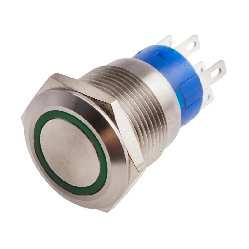 RS PRO Illuminated Push Button Switch Momentary Panel Mount DPDT 19.2 mm Cutout Green LED IP67 12V DC 250V AC 111-5781