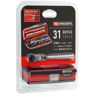 Facom 31 Piece Screwdriver Bit Set with Flexible Head Ratchet, Hex, Phillips, Pozidriv, Slotted, Torx R.180J31PB