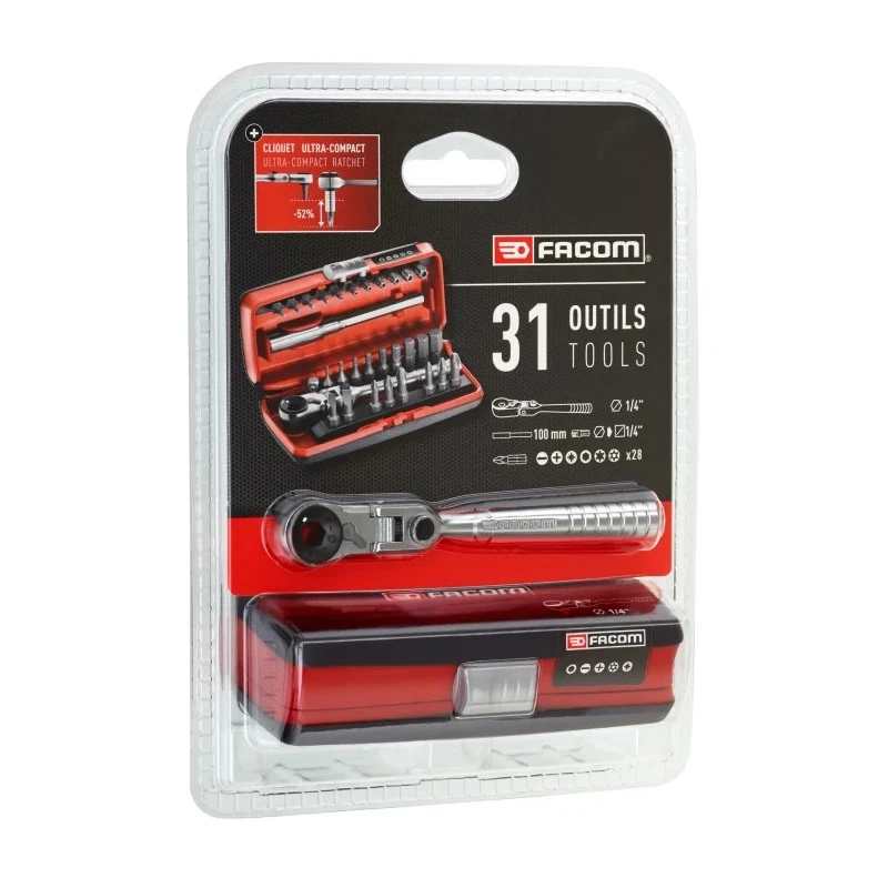 Facom 31 Piece Screwdriver Bit Set with Flexible Head Ratchet, Hex, Phillips, Pozidriv, Slotted, Torx R.180J31PB