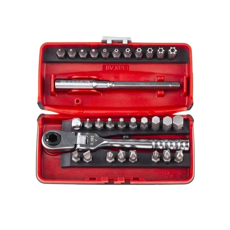 Facom 31 Piece Screwdriver Bit Set with Flexible Head Ratchet, Hex, Phillips, Pozidriv, Slotted, Torx R.180J31PB