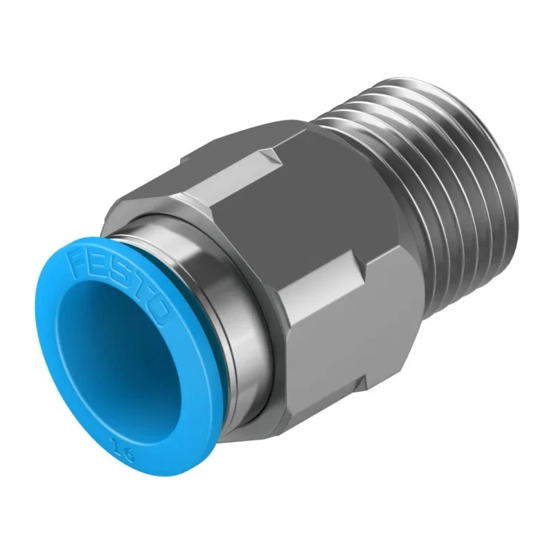 Festo Pneumatic Push-in Fitting, Male R 1/2 Inch, Brass, Nickel Finish, 16mm Tube, QS Series QS-1/2-16
