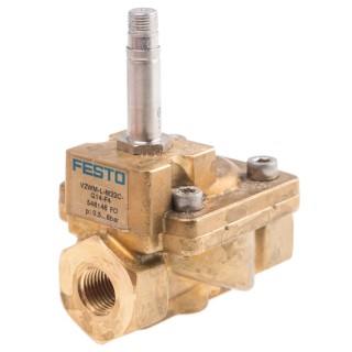 Festo Pneumatic Solenoid Valve, 2/2 NC, Solenoid/Spring Actuation, Inline Mount, Brass Body, 1/4 in Port VZWM-L-M22C-G14-F4