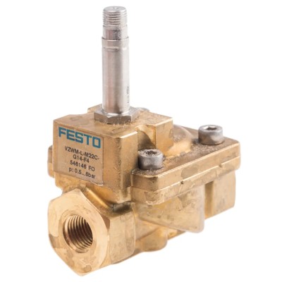 Festo Pneumatic Solenoid Valve, 2/2 NC, Solenoid/Spring Actuation, Inline Mount, Brass Body, 1/4 in Port VZWM-L-M22C-G14-F4