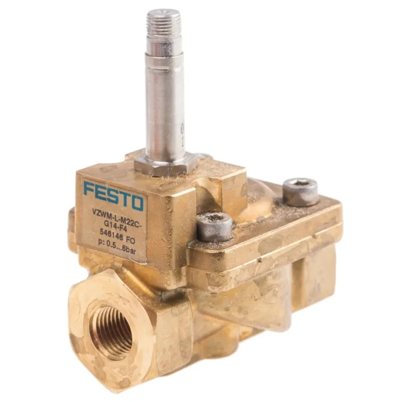 Festo Pneumatic Solenoid Valve, 2/2 NC, Solenoid/Spring Actuation, Inline Mount, Brass Body, 1/4 in Port VZWM-L-M22C-G14-F4