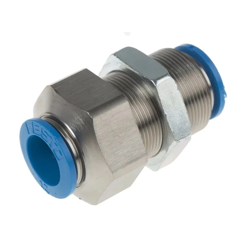 Festo QSS Series Pneumatic Fitting, Nickel Plated Brass, Polybutylene Terephthalate, NBR, Push-in Bulkhead Connector QSS-12-F