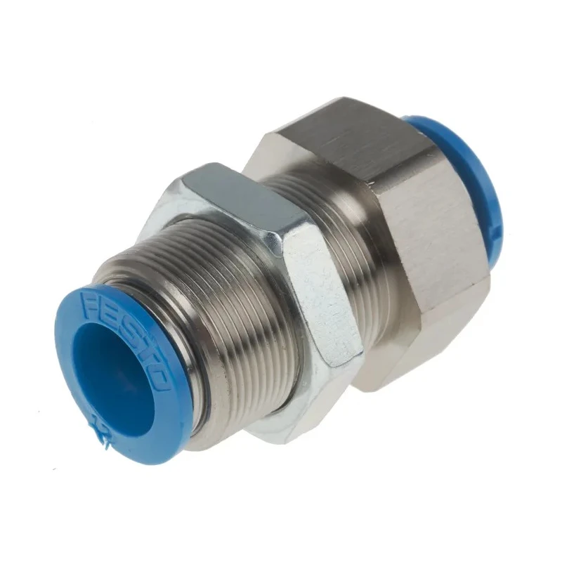Festo QSS Series Pneumatic Fitting, Nickel Plated Brass, Polybutylene Terephthalate, NBR, Push-in Bulkhead Connector QSS-12-F
