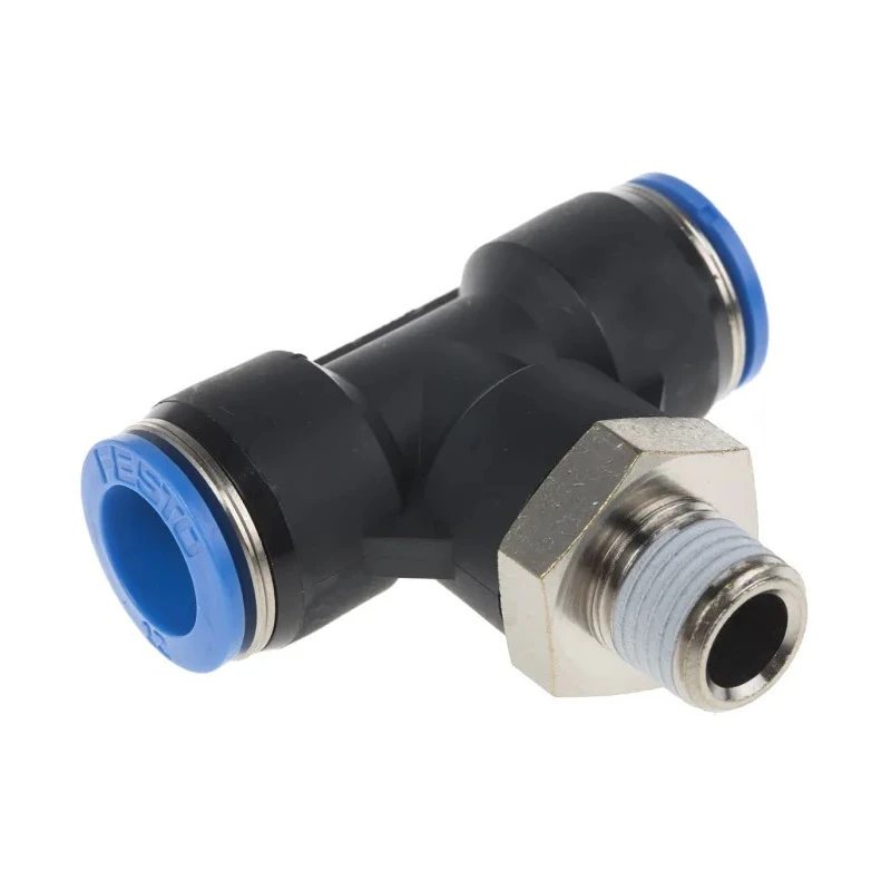 Festo Push-In T-Shape Pneumatic Fitting, 12 mm Tube, Male Thread R 1/4, High Alloy Stainless Steel, Nickel Plated, QST-1/4-12