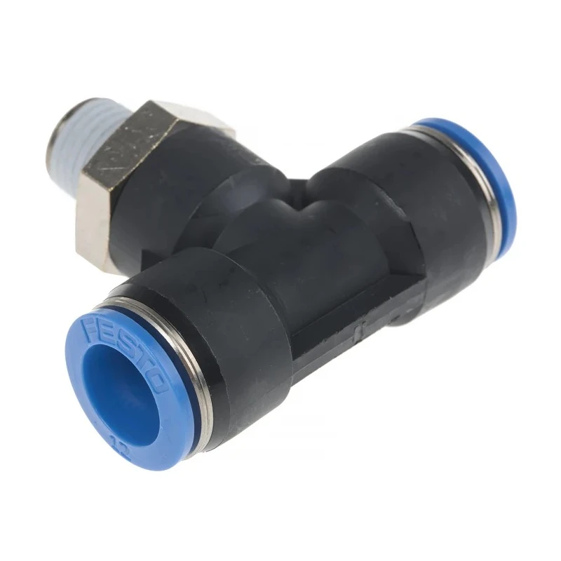 Festo Push-In T-Shape Pneumatic Fitting, 12 mm Tube, Male Thread R 1/4, High Alloy Stainless Steel, Nickel Plated, QST-1/4-12