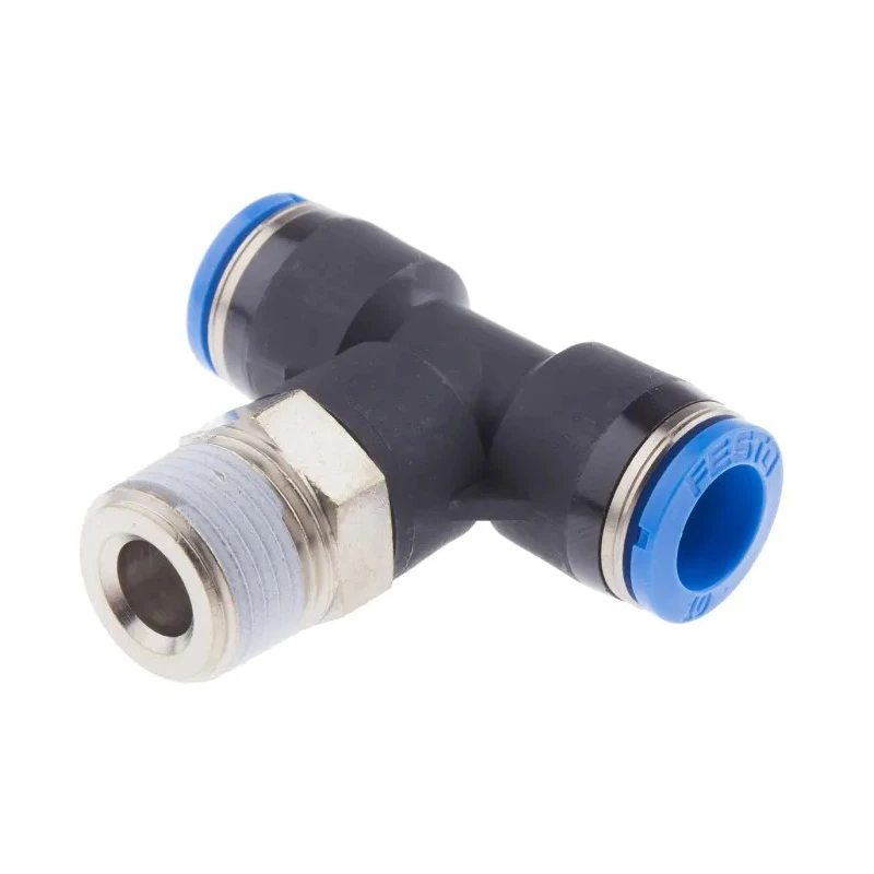 Festo Push-in T-Shape Pneumatic Fitting, 10 mm Tube, R 3/8 Male Thread, Nickel Plated Brass, QST-3/8-10