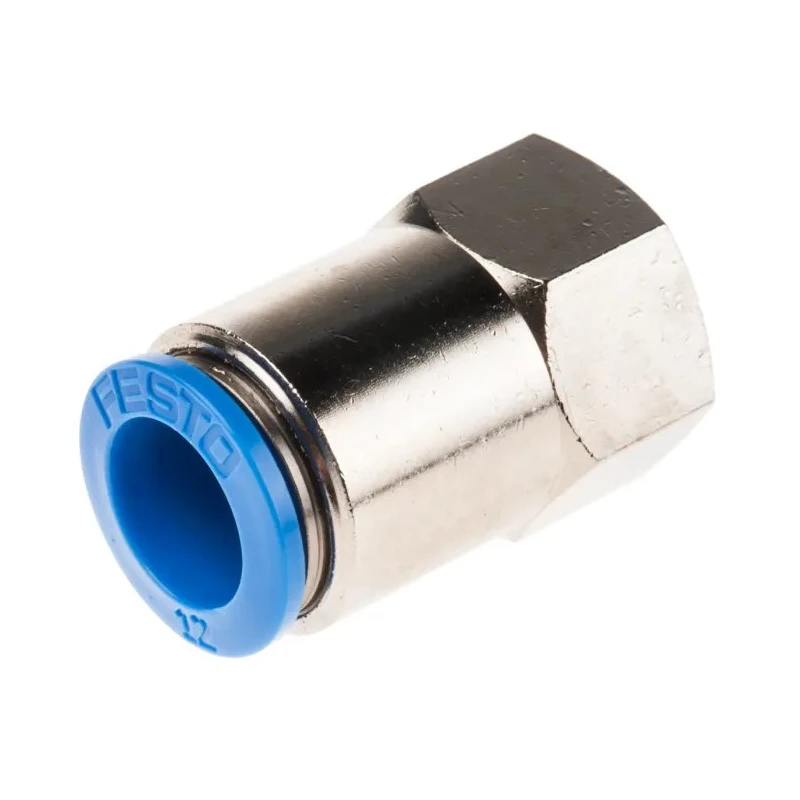 Festo Pneumatic Push-In Fitting, Female G Thread, Brass, 12mm Tube, 1/4 Inch, Nickel Finish QSF-1/4-12-B