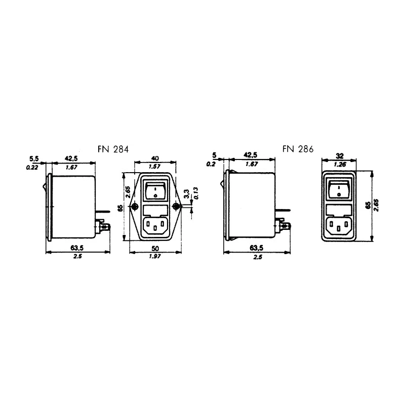Schaffner IEC Power Entry Filter Module, FN284-2-06, 2A, 250V AC, Panel Mount, 2 Pole, Dual Fuse, C14, Faston