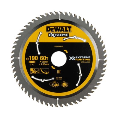 DeWALT Circular Saw Blade 190mm, Tungsten Carbide, 60 Teeth, Wood Cutting, 7000rpm DT99564-QZ